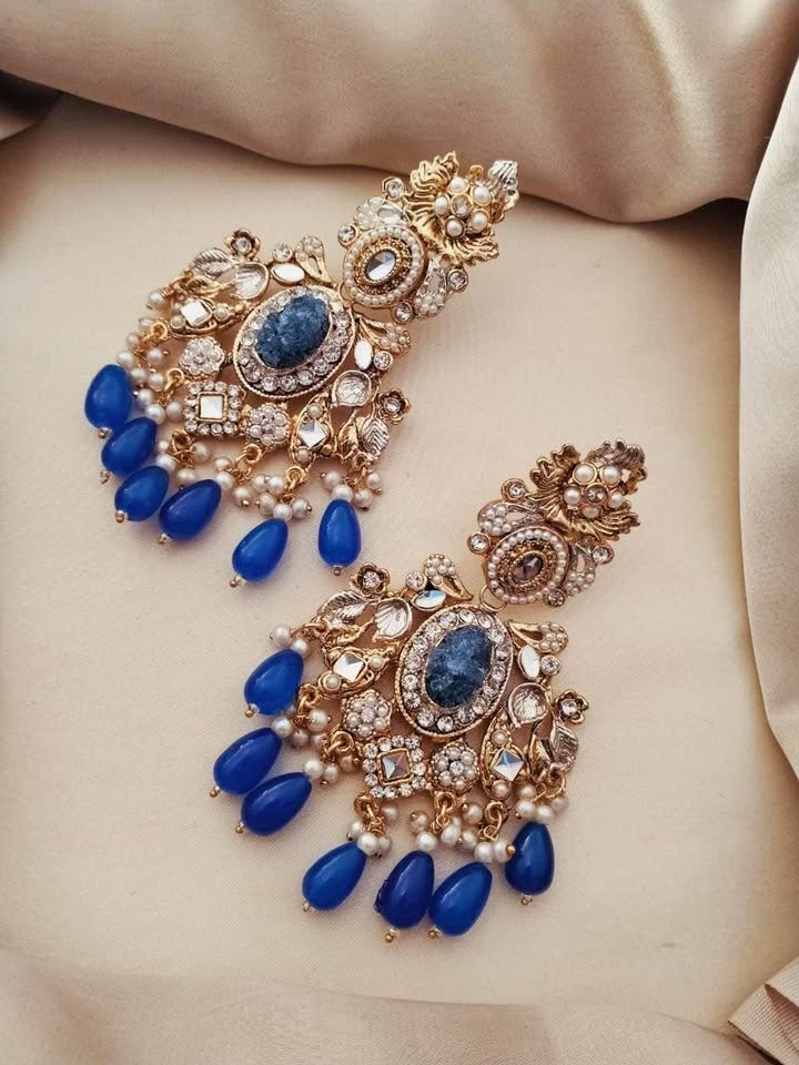Sapphire & Crystal Drop Earrings with Pearl Accents - Image 3