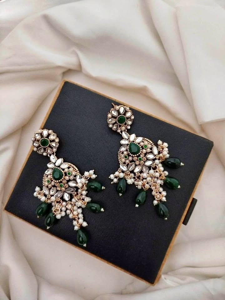 Emerald Crystal Statement Earrings with Pearl Accents - Image 4
