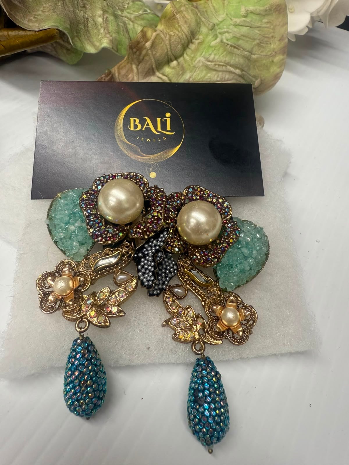 Emerald Crystal Statement Earrings with Pearl Accents